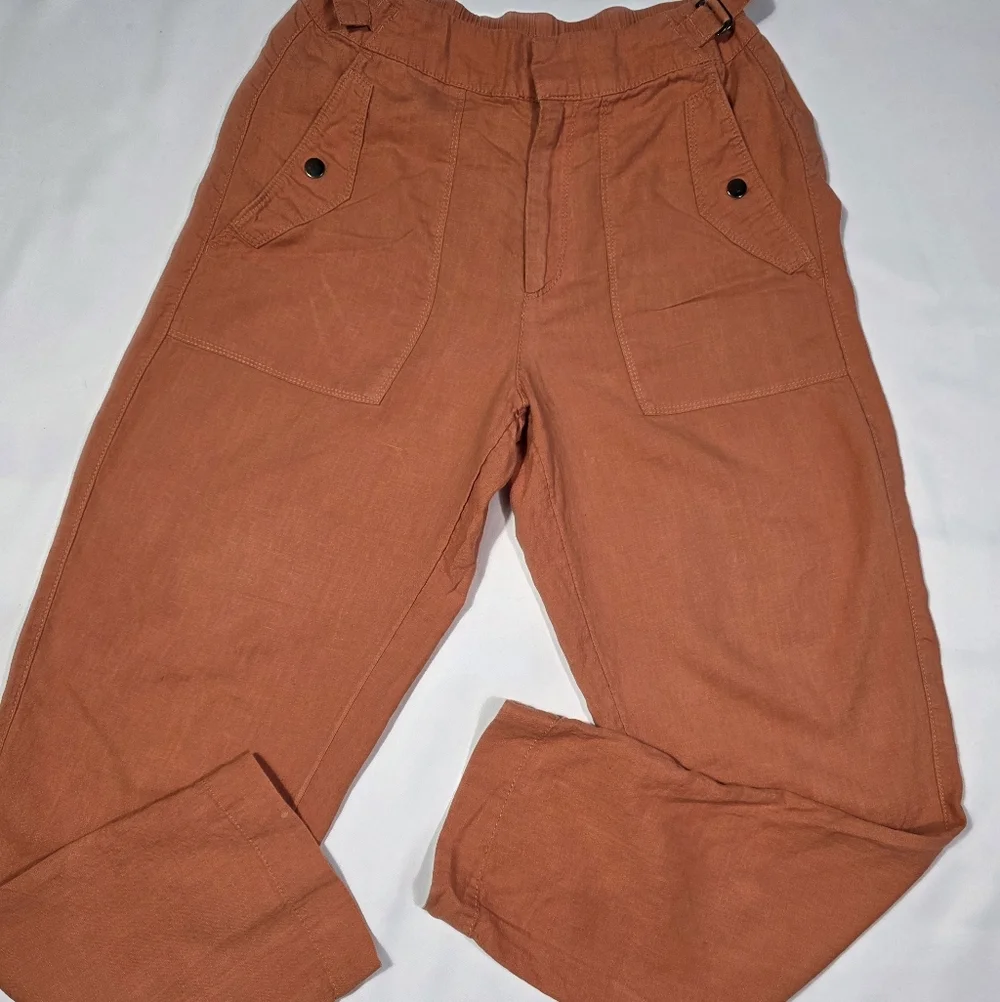 Athleta 100% Linen Pants Women Size 6 Orange Elastic Waist Lightweight Summer - Picture 2 of 10